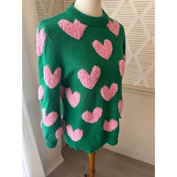 Pink Lily Women’s Small Green and Pink Heart Fuzzy Sweater - Picture 7 of 8